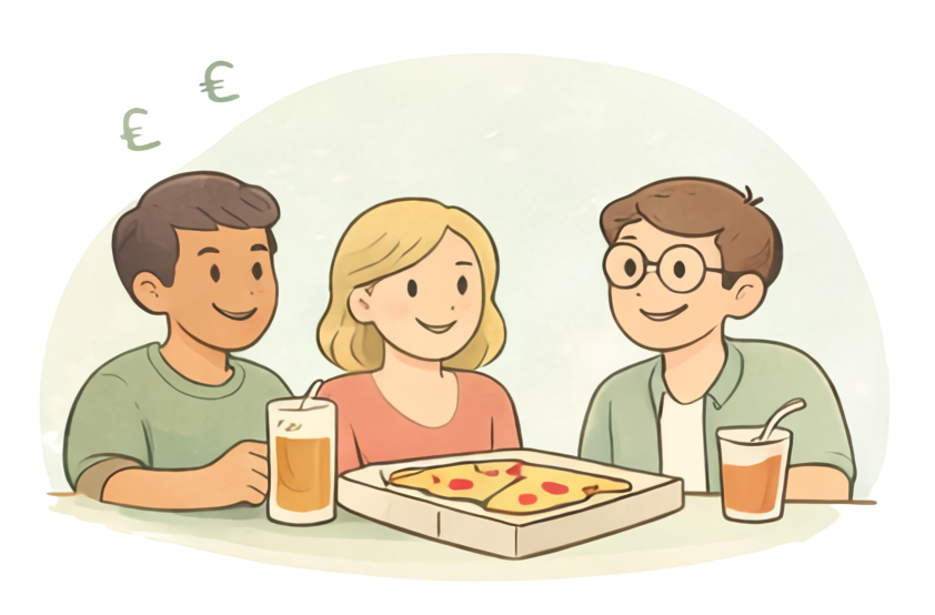Friends splitting a meal and drinks
